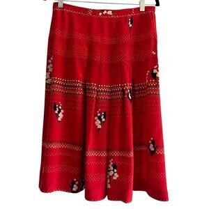 Vintage Handmade 100% Silk Pleated Midi Skirt Red Floral Print Side Zip Size S